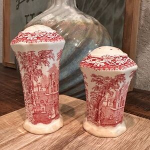 ANTIQUE Mason's Vista Pink ironstone salt/pepper shaker set chip noted in photos